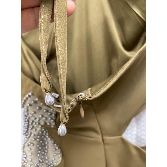 Avec Les Filles Olive Midi Dress Size 6 Beaded Floral Accent Halter Neck Cutout - Picture 7 of 9